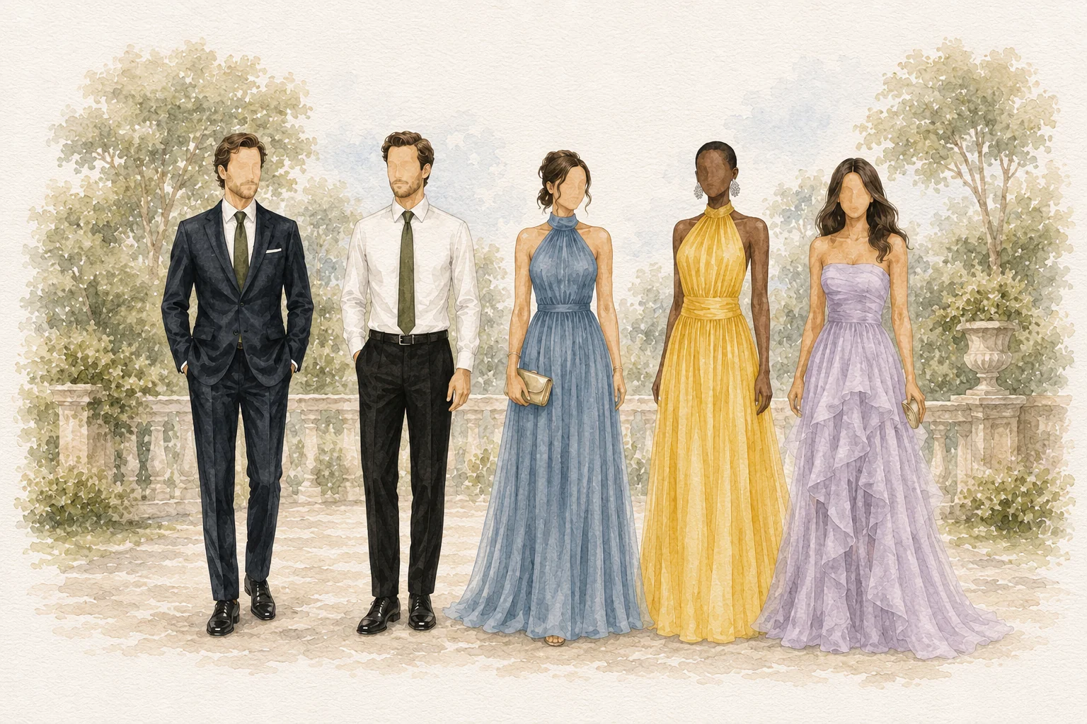 Ilustração do traje pedido para os convidados: vestido longo para elas, terno ou camisa e gravata para eles